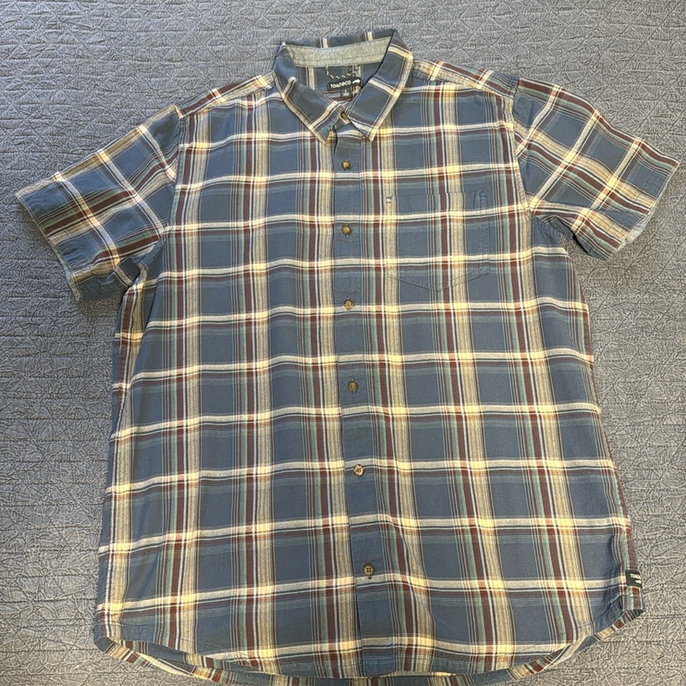 Toad & Co men’s large button down short sleeve plaid shirt soft organic cotton
